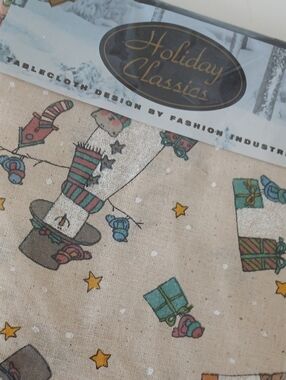 Vintage Holiday SNOWMAN LAND Tablecloth 100% Cotton 60x84" Oblong